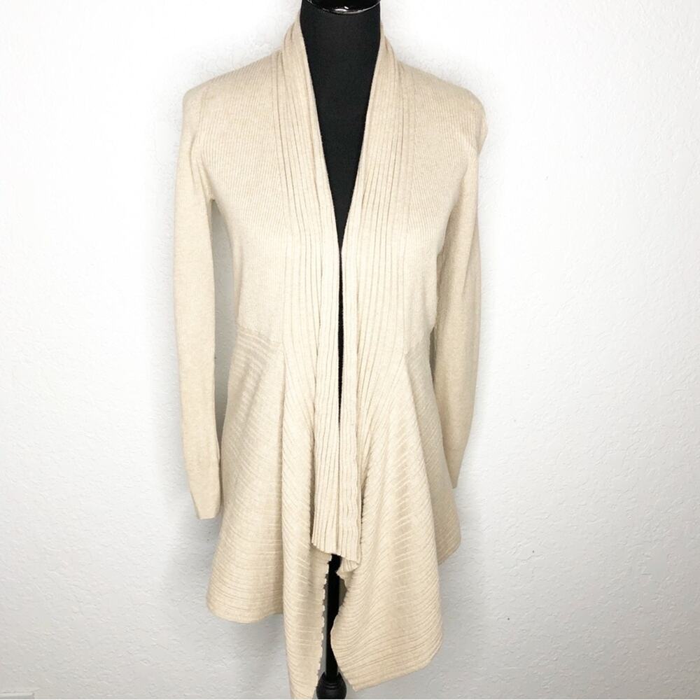 WHBM tan mixed ribbed knit open draped water fall cardigan size Medium